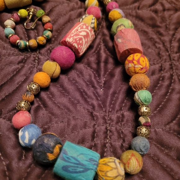 Multicolor Fabric Bead 32+ in. Necklace & 1 in. Hoop Earring Set - Picture 7 of 11